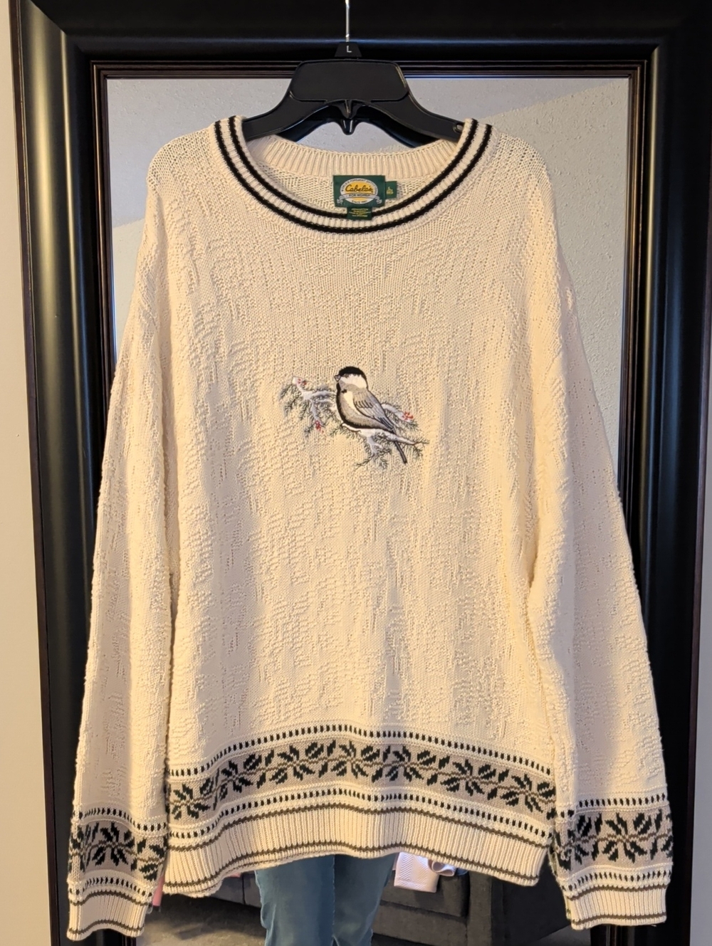 Cabela's 100% Cotton Cream Bird-Embroidered Christmas Winter Sweater